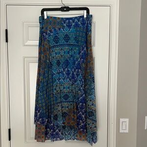 Chico’s Tiered Paisley Midi Skirt Blue Orange Boho Flowy Pull-On Size L